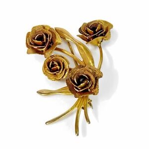 Vintage Gold Tone Rose Bouquet Brooch Pin Textured Floral 4 Roses 2.5"